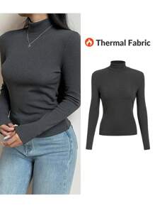 SHEIN BASICS Basic Turtleneck Slim Long Sleeve Solid Color Women's Top For Fall And Winter, Upgraded Thermal Lined Warm Fabric, Stylish, Casual, Comfortable, Versatile Without Looking Bulky