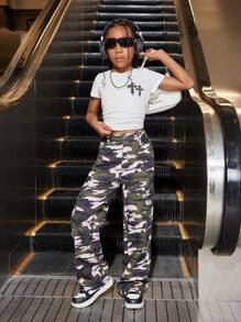 SHEIN Explorewe 女孩街头洗漱假日迷彩印花牛仔连衣裤