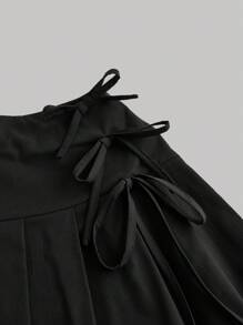 SHEIN MOD 女士荷叶边拼布蝴蝶结褶皱灰色迷你裙、黑色裙子、外出裙、返校、秋季服装 - 黑色 - 查看 4