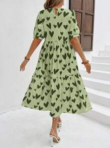 Breezaya Heart Print Loose Crew Neck Short Sleeve Casual Dress