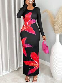 VaVaBold Elegant Flower Print Slim Fit Dress, Spring & Autumn
