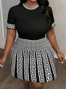 Slaydiva 大码优雅休闲 A 字型迷你连衣裙，纯黑色，背面有图案印花，短袖，春夏 - 黑色 - 查看 1