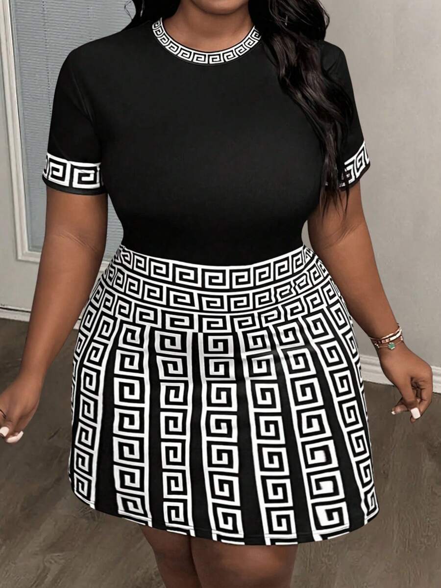 Slaydiva 大码优雅休闲 A 字型迷你连衣裙，纯黑色，背面有图案印花，短袖，春夏 - 黑色 - 查看 1