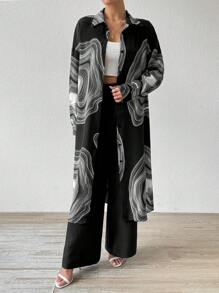 SHEIN LUNE Bộ áo sơ mi dài tay và quần dài thường ngày cho nữ (Áo in, quần trơn), mùa thu - màu đen - Xem 4