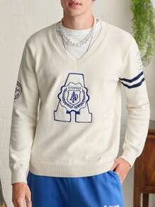 Manfinity EZcore V-Neck Letter Applique & Striped Print Long Sleeve Pullover Sweater - Apricot - View 4