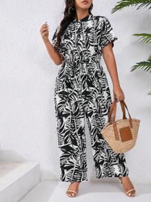Breezaya Plus Size Women's Tropical Plant Print Short Sleeve Casual Loose Jumpsuit