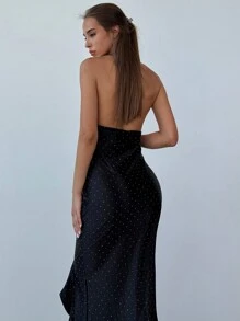 Aloruh Sexy zwarte fluwelen strass asymmetrische zoom rugloze halter maxi-jurk