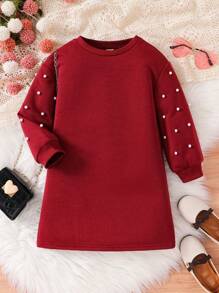 Emery Rose Kids Emery Rose Kids 年轻女孩休闲针织柔软珍珠装饰圆领落肩长袖运动衫连衣裙，非常适合秋冬季休闲日常穿着和学校日常穿着，适合圣诞节 - 紅色 - 查看 2