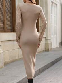 SHEIN Privé Robe pull midi près du corps à manches évasées de style français pour enseignants - Kaki - Voir 2