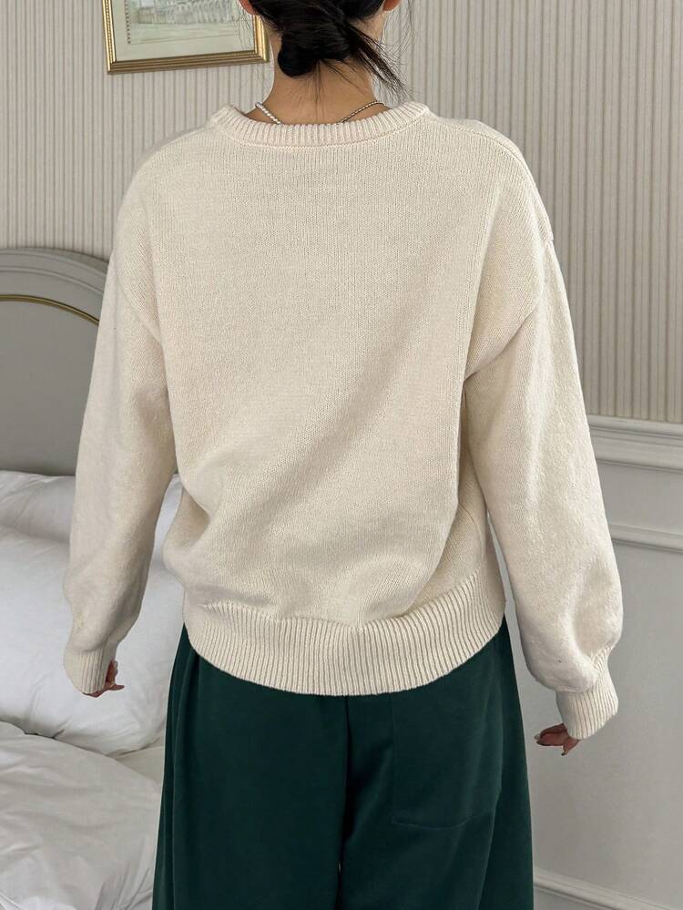 Women's Letter Jacquard Knit Loose Crew Neck Long Sleeve Sweater,Long Sleeve Tops,Fall Women Clothes