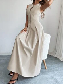 Firerie Vestido de mujer elegante con cuello redondo, sin mangas, con cremallera delantera y vuelo
