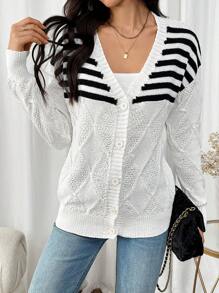 SHEIN LUNE Damen lässige Farbblock gestreifte Knopf Vorder Strickjacke, Frühling Herbst