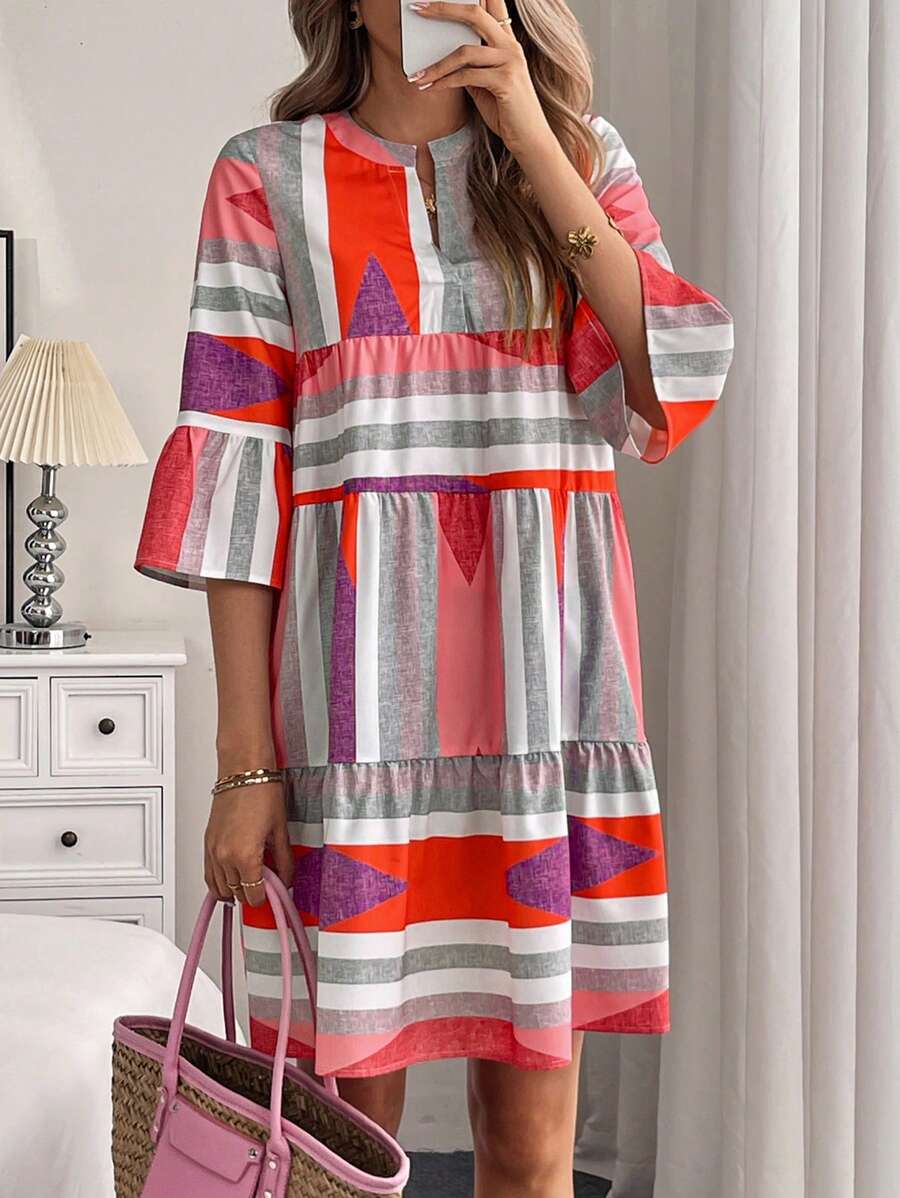 Breezaya V-Neck Mid-Length Sleeve Striped Simple Ruched Casual Dress - Multicolor - View 1