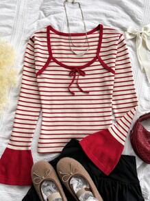 Soleia WYWH Women's Vacation Burgundy Striped Square Neck Flared Sleeve Knit Top With Bow Accent, Autumn Blouse