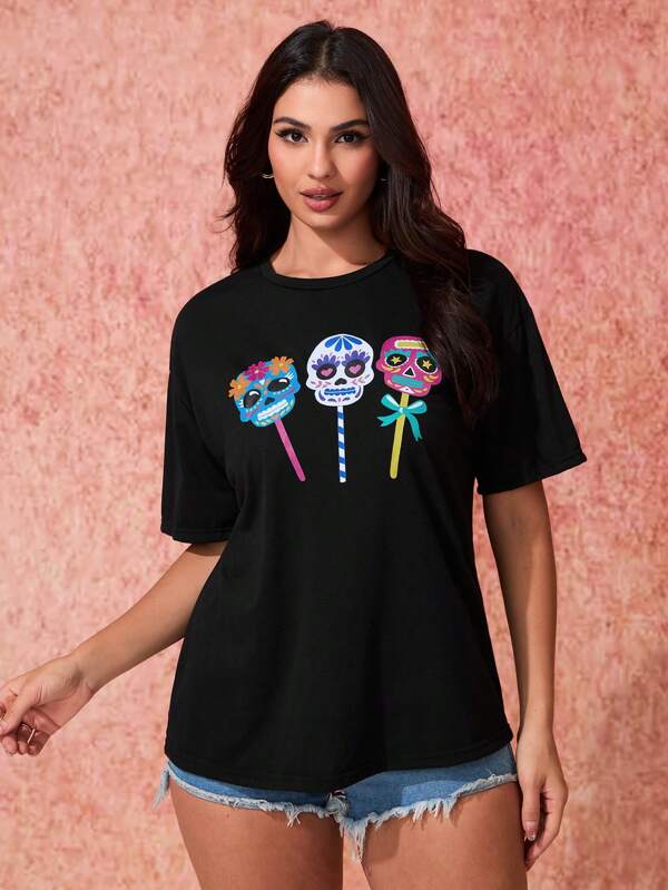 Cecilia Maafs Camiseta holgada de mujer artista de cuello redondo y manga corta, camiseta gráfica para vacaciones, vacaciones, Día de los Muertos, primavera y verano, festivales, ajuste de Ibiza, ropa occidental