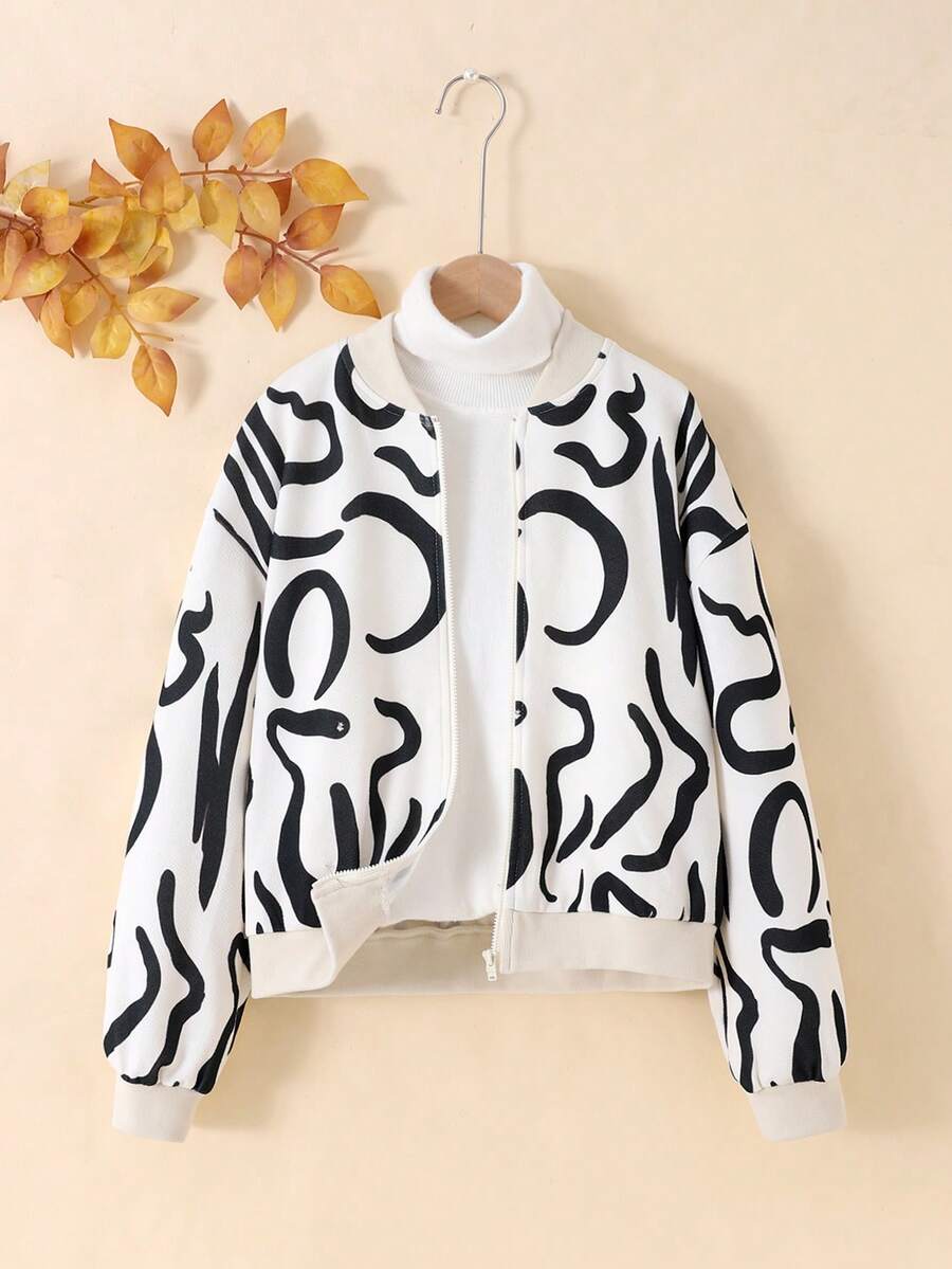 SHEIN Young Girl's Geometric Pattern Knit Short Baseball Collar Casual Jacket - Black and White - View 1