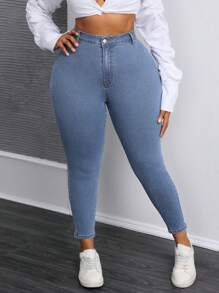 SHEIN SXY Plus Size Women's Solid Color Casual Simple Denim Jeans - Medium Wash - View 6
