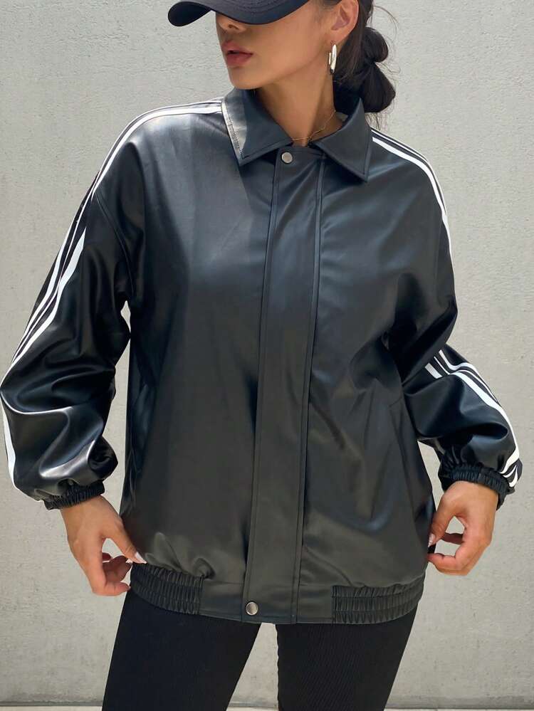 Women Loose Long Sleeve PU Collar Patchwork Ribbon Jacket,Fall Women Clothes