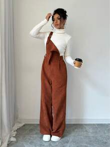 Selianne Bộ đồ liền thân vải nhung kẻ đơn giản dây rộng màu trơn dành cho nữ, trang phục thường ngày - màu nâu - Xem 4