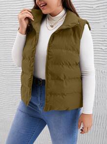 SHEIN LUNE Chaleco acolchado de talla grande para mujer de unicolor con cremallera frontal, chaqueta y parkas de invierno acolchadas y engrosadas, chaqueta ligera empaquetable con cremallera completa