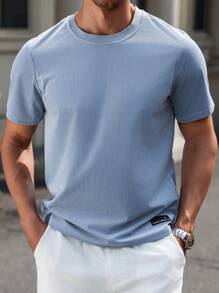 Manfinity Homme Áo thun nam cổ tròn tay ngắn màu trơn họa tiết thường ngày, mùa hè - Màu xanh lam - Xem 1