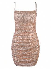 Vestido mini con volantes y lentejuelas con tirantes ajustables en color champán - Champán - Ver 8