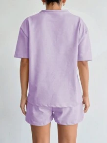 EURMUSE 100% 纯棉女式纯色 T 恤和刺绣短裤 - 紫丁香色 - 查看 2
