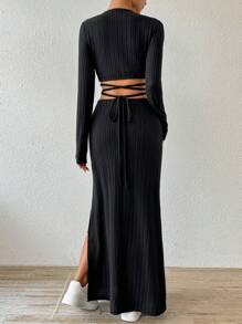Chiquease Rib-Knit Hollow Out Drawstring Crop Top & High Split Bodycon Skirt 2pcs Set, Sexy Athleisure Look Fall Cloth For Women - Black - View 2