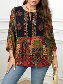 SHEIN Plus Size Casual Vintage Floral Print Shirt Peplum Top - Multicolor - View 5