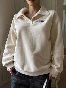 DAZY 女士宽松字母刺绣翻领长袖卫衣，长袖上衣，秋季女装，保暖内衬 - 杏色 - 查看 2