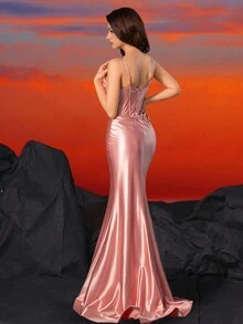 Elegante vestido largo hasta el suelo con diseño de espina de pescado decorado y tirantes elegantes - Rosa - Ver 2
