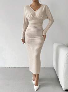 Chiquease Wide Ribbed Fuzzy V-Neck Smocked Dress