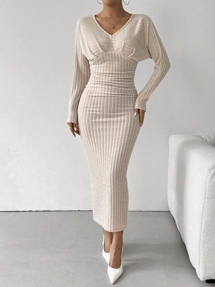 Chiquease Wide Ribbed Fuzzy V-Neck Smocked Dress