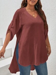 SHEIN VCAY Plus Size Women's Asymmetric Hem Shirt With Raglan Sleeve - Burgundy - View 6