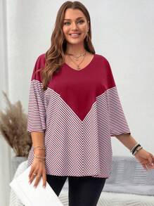 EMERY ROSE Áo sơ mi tay cánh dơi kẻ sọc màu sắc thường ngày mùa hè cỡ lớn dành cho nữ - Màu Đỏ Sâu - Xem 4