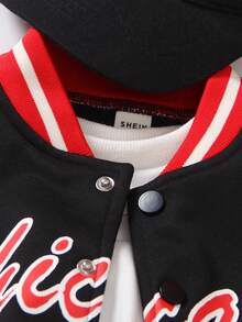 Áo khoác bóng chày giả da in chữ, kẻ sọc phong cách đường phố Mỹ thời trang cho bé trai kết hợp với quần chạy bộ màu đen, phù hợp cho mùa thu đông - màu đen - Xem 6