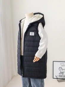 SHEIN 1pc Boys Casual Cute Daily Comfortable Versatile Warm Black Long Hooded Padded Coat, Suitable For Outings, School, Gatherings, Autumn & Winter - Multicolor - View 1