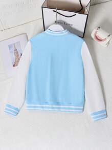 Tween Girls' Casual Cartoon Letter Print Long Sleeve Baseball Jacket, Spring Autumn - Blue - View 2
