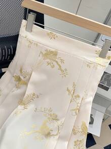 SHEIN Unity Plus Size Elegant Gold Foil Printed Pleated Skirt, Spring/Summer - Apricot - View 5