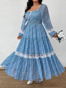SHEIN LUNE Plus Size Square Neck Long Sleeve Contrast Lace Summer Dress Maxi Women Outfit Fall Cloth For Women - Multicolor - View 3