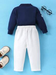 Souflis Souflis Conjunto de 3 piezas para niños pequeños con camisa polo clásica bordada ecuestre, pantalón de traje y camisa, azul marino, adecuado para fiesta, boda, sesión de fotos, vacaciones, adorable y elegante, otoño e invierno