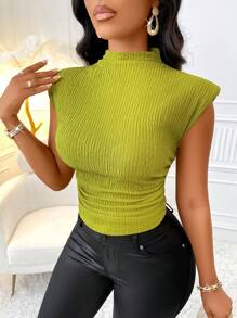 Zolique Women's Solid Color Stand Collar Sleeveless Pleated  Ruched Tank Top - Green - View 1