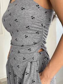 DAZY Asymmetrical Allover Print Loose Straight Leg Jumpsuit Pajama Set - Grey - View 7
