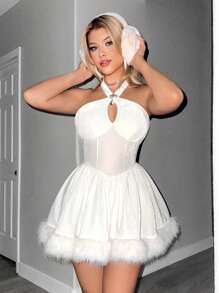 Sweetina Váy Y2k Quần áo Đầm dự tiệc Đầm bán trang trọng Đầm gợi cảm Đầm trắng Đầm thời Phục hưng Cúp rỗng Kim loại Phụ trợ Trang trí Lông vá ô Váy viền - trắng - Xem 5