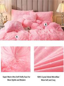 三件套纯色蓬松床上用品，包含一个被套和两个枕套，适用于卧室、客房，尺寸可选：特大号、大号、标准双人床、单人床，圣诞礼物 - 粉色 - 查看 7