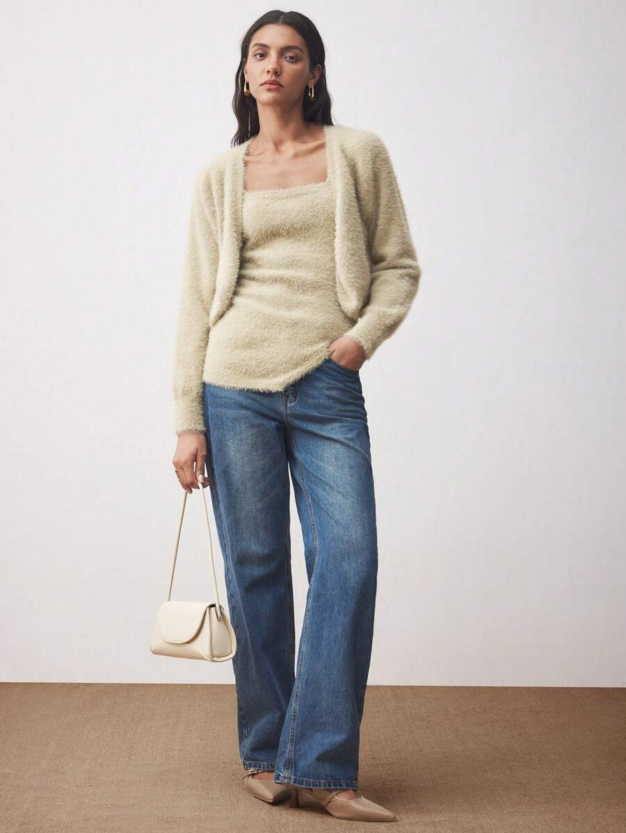 BizChic 2 件套女士蓬松开衫和针织上衣套装，冬季，土黄色 - 卡其色 - 查看 1