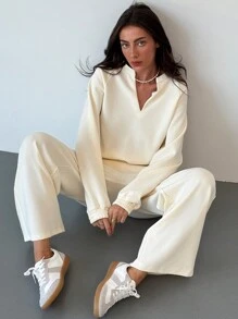 Aloruh Bộ 2 áo nỉ lót nhiệt ấm áp và quần ống đứng có dây rút, thu đông - trắng - Xem 1