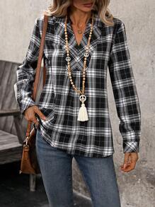 EMERY ROSE Camicia casual a quadri con scollo a V e maniche lunghe per donne, primavera estate - Bianco e nero - Visualizzare 3