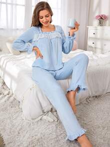 Fluffy Collared Cute Lace Women Pajamas Set - Multicolor - View 4