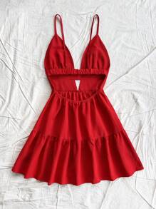 Soleia Vacation Loose V-Neck Backless Red Slip Dress,Summer Dresses For Women - Red - View 2